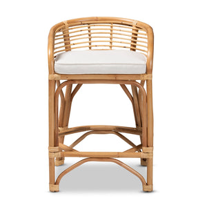 Baxton Studio Maverick Modern Bohemian White Fabric Upholstered And Natural Brown Rattan Counter Stool