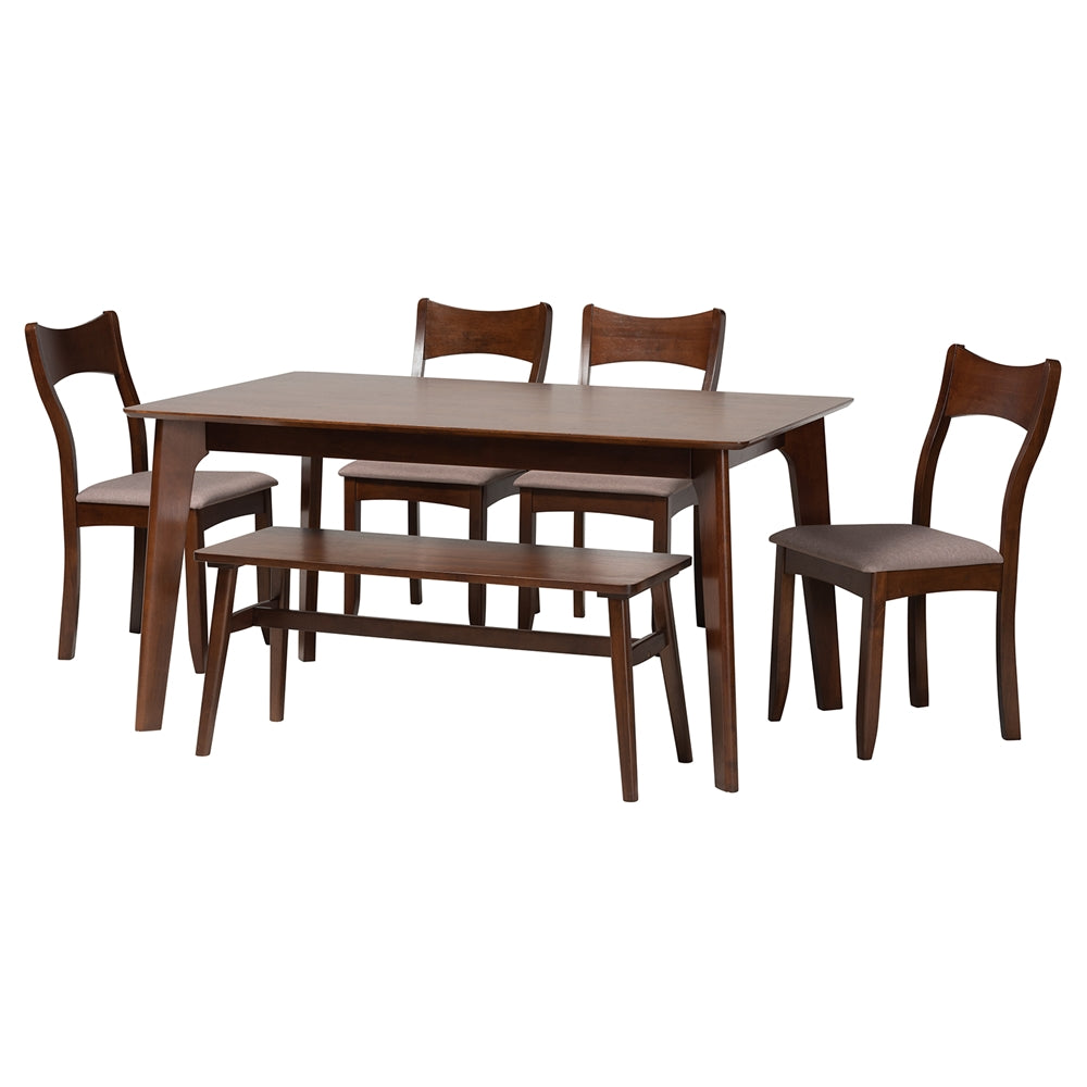 Baxton Studio Adreana Mid-Century Modern Warm Grey Fabric And Dark Brown Finished Wood 6-Piece Dining Set