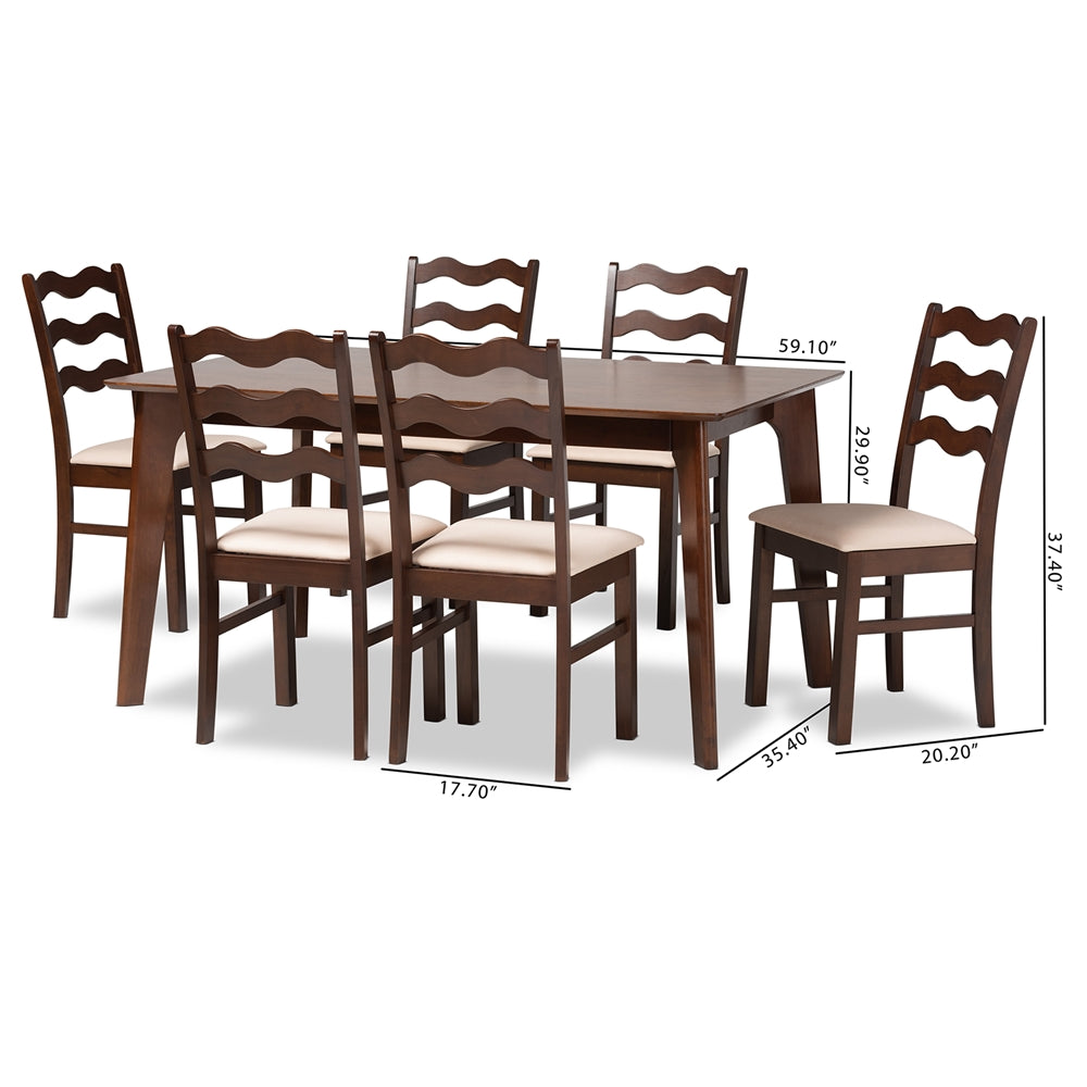 Baxton Studio Amara Mid-Century Modern Cream Fabric And Dark Brown Finished Wood 7-Piece Dining Set