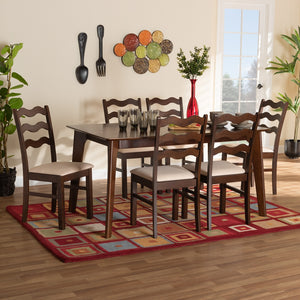 Baxton Studio Amara Mid-Century Modern Cream Fabric And Dark Brown Finished Wood 7-Piece Dining Set