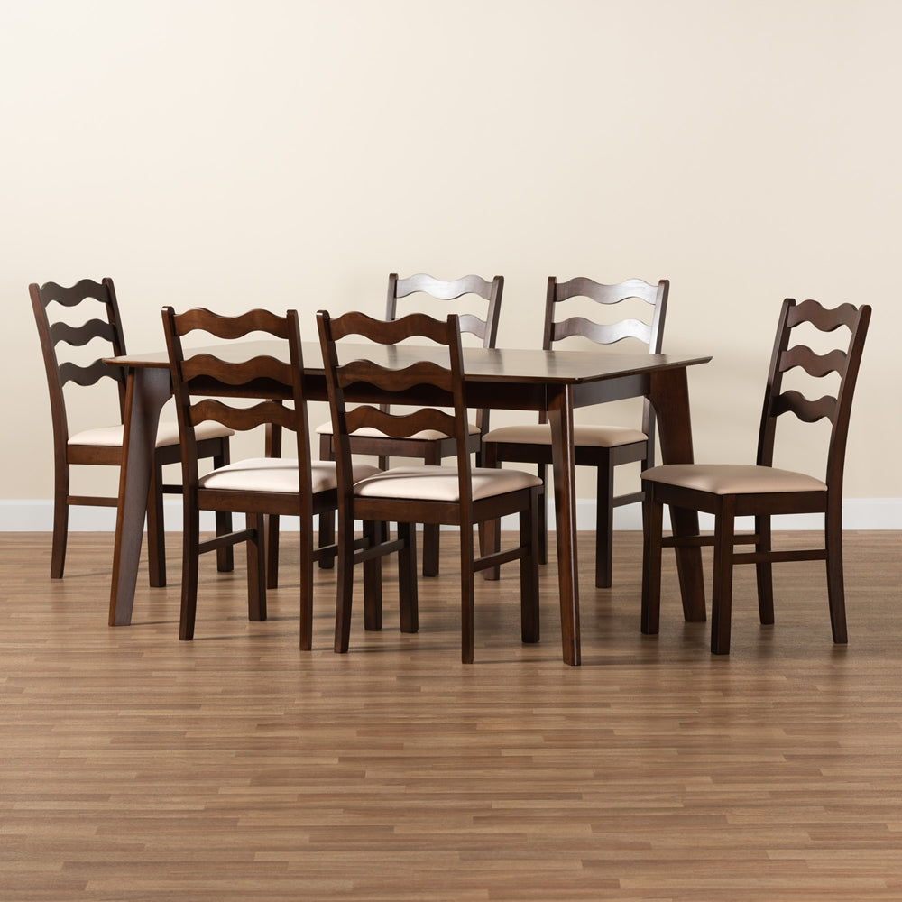 Baxton Studio Amara Mid-Century Modern Cream Fabric And Dark Brown Finished Wood 7-Piece Dining Set