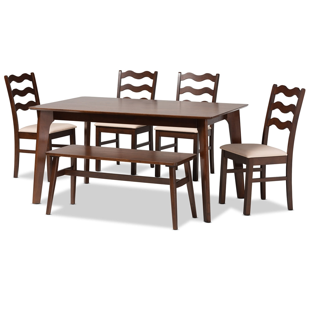 Baxton Studio Amara Mid-Century Modern Cream Fabric And Dark Brown Finished Wood 6-Piece Dining Set