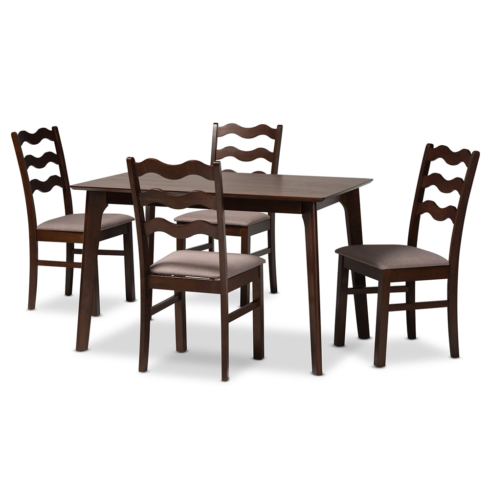 Baxton Studio Amara Mid-Century Modern Warm Grey Fabric And Dark Brown Finished Wood 5-Piece Dining Set