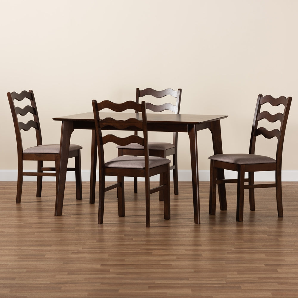 Baxton Studio Amara Mid-Century Modern Warm Grey Fabric And Dark Brown Finished Wood 5-Piece Dining Set