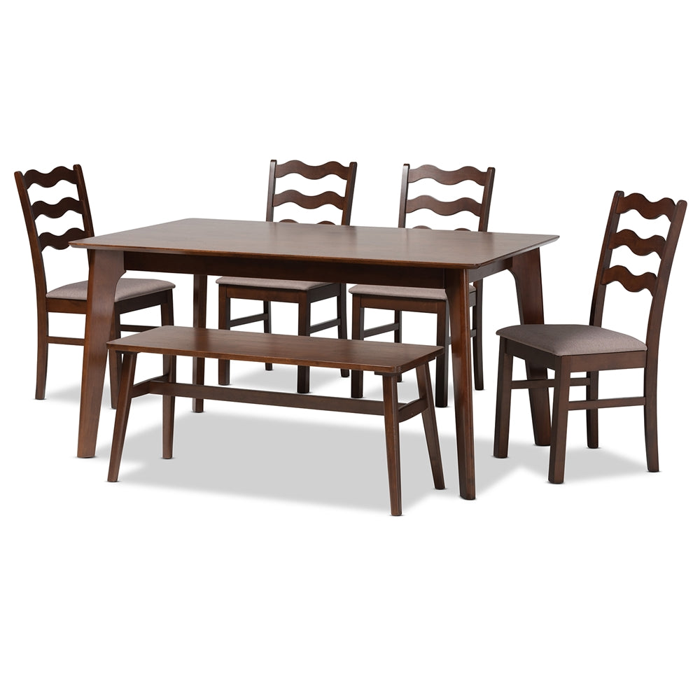 Baxton Studio Amara Mid-Century Modern Warm Grey Fabric And Dark Brown Finished Wood 6-Piece Dining Set