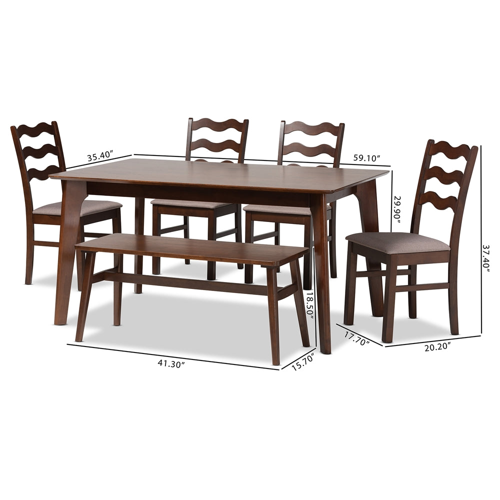 Baxton Studio Amara Mid-Century Modern Warm Grey Fabric And Dark Brown Finished Wood 6-Piece Dining Set