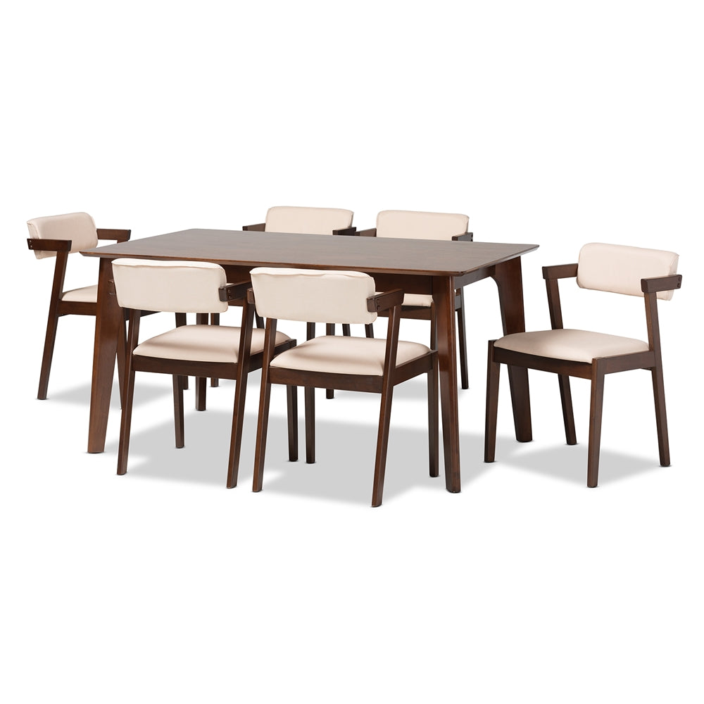 Baxton Studio Althea Mid-Century Modern Transitional Cream Fabric And Dark Brown Finished Wood 7-Piece Dining Set