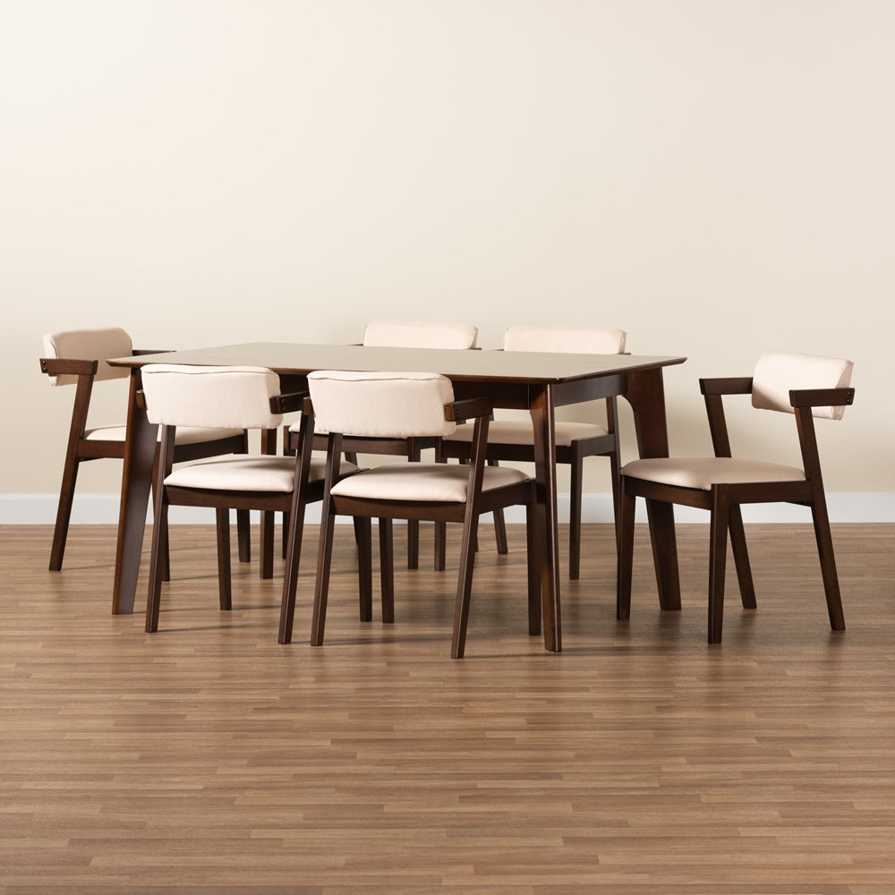 Baxton Studio Althea Mid-Century Modern Transitional Cream Fabric And Dark Brown Finished Wood 7-Piece Dining Set