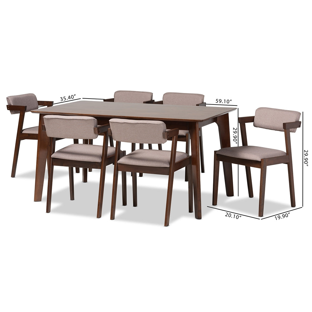 Baxton Studio Althea Mid-Century Modern Transitional Warm Grey Fabric And Dark Brown Finished Wood 7-Piece Dining Set