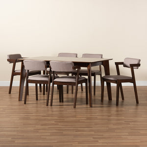 Baxton Studio Althea Mid-Century Modern Transitional Warm Grey Fabric And Dark Brown Finished Wood 7-Piece Dining Set