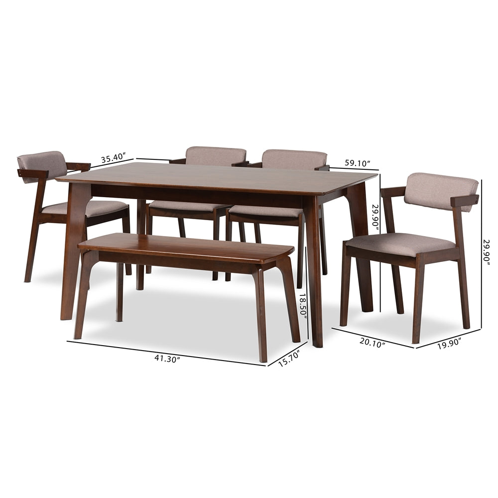 Baxton Studio Althea Mid-Century Modern Transitional Warm Grey Fabric And Dark Brown Finished Wood 6-Piece Dining Set