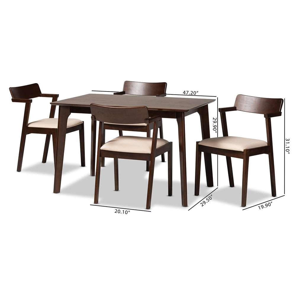 Baxton Studio Berenice Mid-Century Modern Transitional Cream Fabric And Dark Brown Finished Wood 5-Piece Dining Set