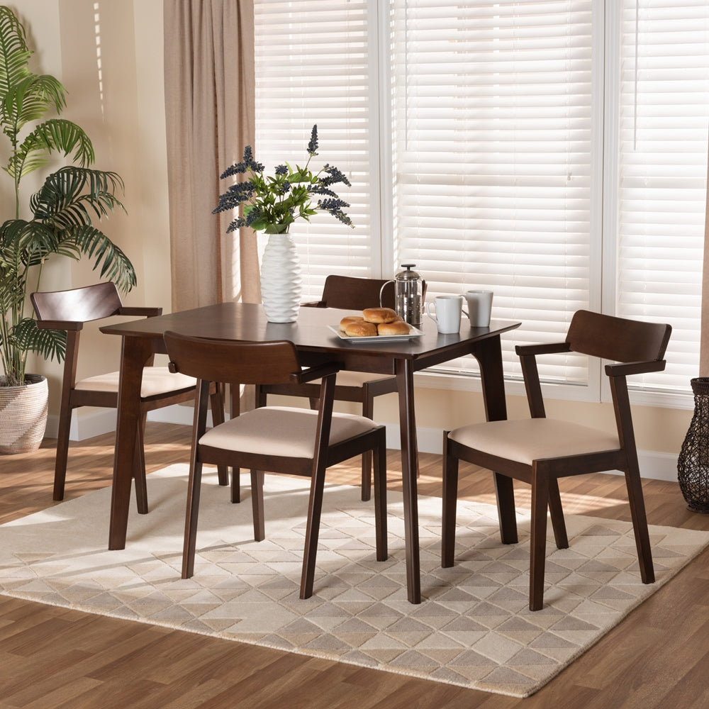 Baxton Studio Berenice Mid-Century Modern Transitional Cream Fabric And Dark Brown Finished Wood 5-Piece Dining Set