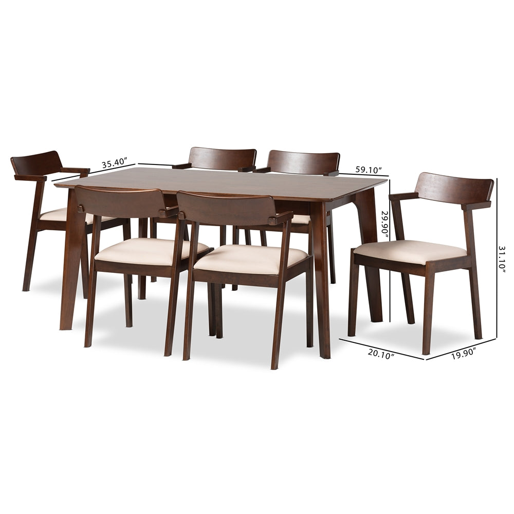 Baxton Studio Berenice Mid-Century Modern Transitional Cream Fabric And Dark Brown Finished Wood 7-Piece Dining Set