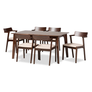 Baxton Studio Berenice Mid-Century Modern Transitional Cream Fabric And Dark Brown Finished Wood 7-Piece Dining Set