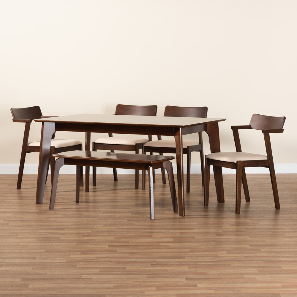 Baxton Studio Berenice Mid-Century Modern Transitional Cream Fabric And Dark Brown Finished Wood 6-Piece Dining Set