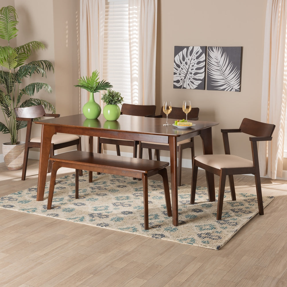 Baxton Studio Berenice Mid-Century Modern Transitional Cream Fabric And Dark Brown Finished Wood 6-Piece Dining Set