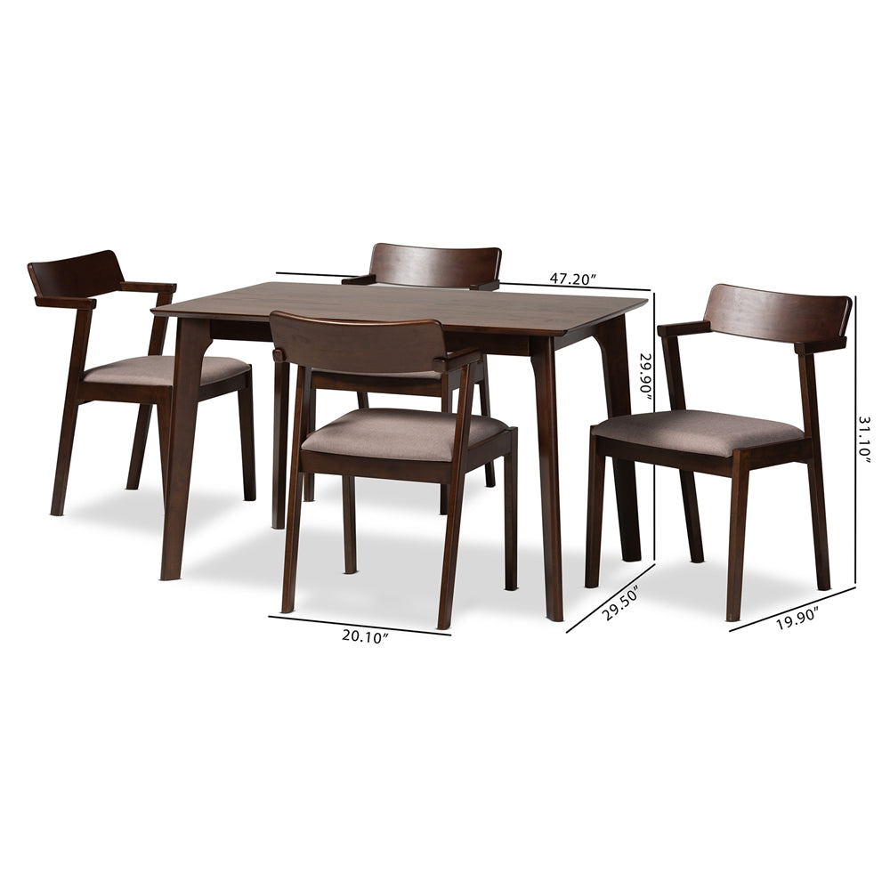 Baxton Studio Berenice Mid-Century Modern Transitional Warm Grey Fabric And Dark Brown Finished Wood 5-Piece Dining Set