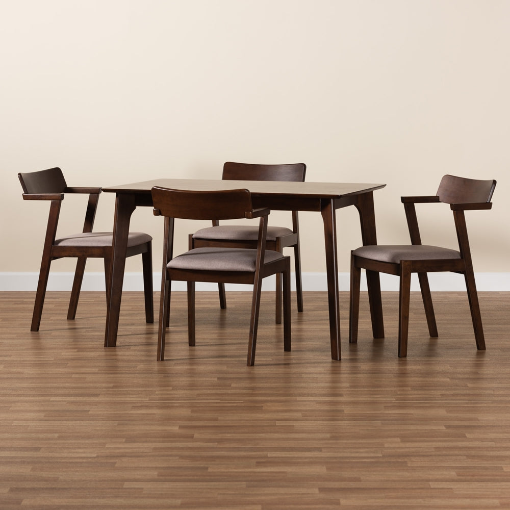 Baxton Studio Berenice Mid-Century Modern Transitional Warm Grey Fabric And Dark Brown Finished Wood 5-Piece Dining Set