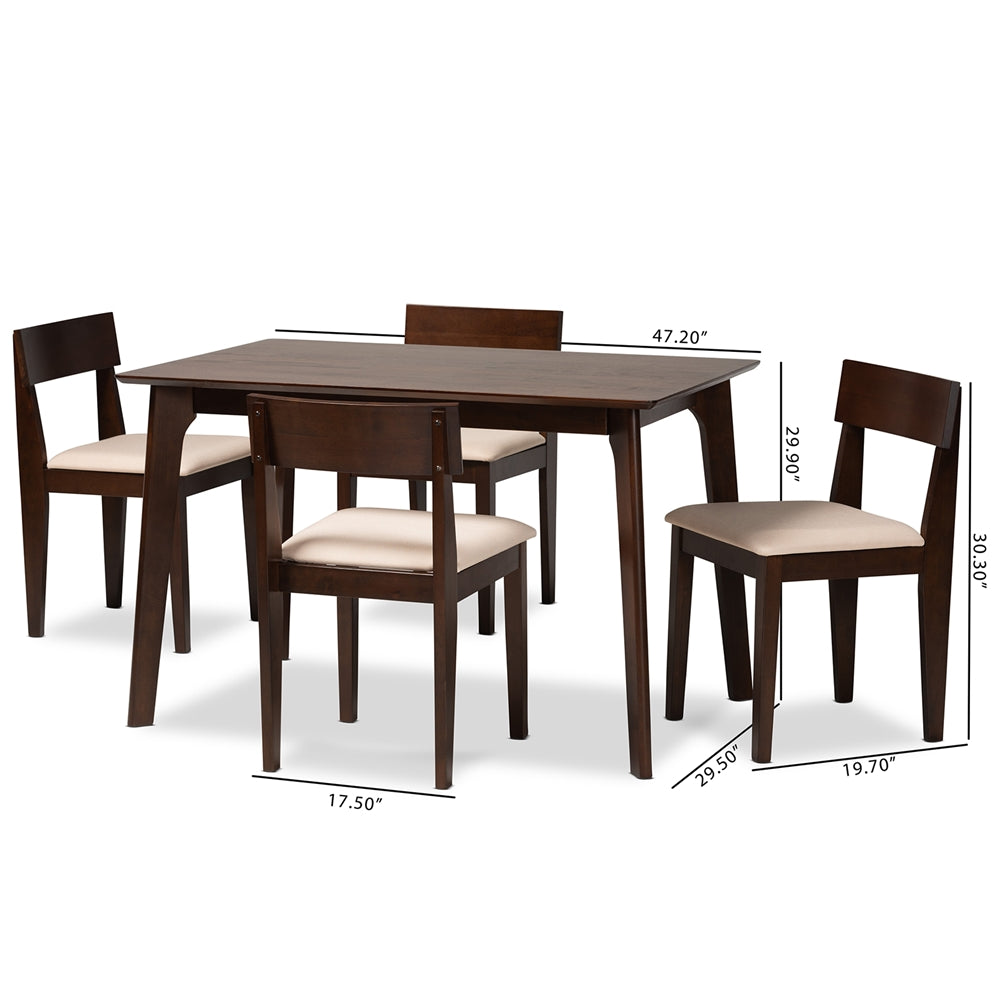 Baxton Studio Camilla Mid-Century Modern Cream Fabric And Dark Brown Finished Wood 5-Piece Dining Set