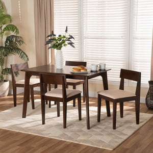 Baxton Studio Camilla Mid-Century Modern Cream Fabric And Dark Brown Finished Wood 5-Piece Dining Set