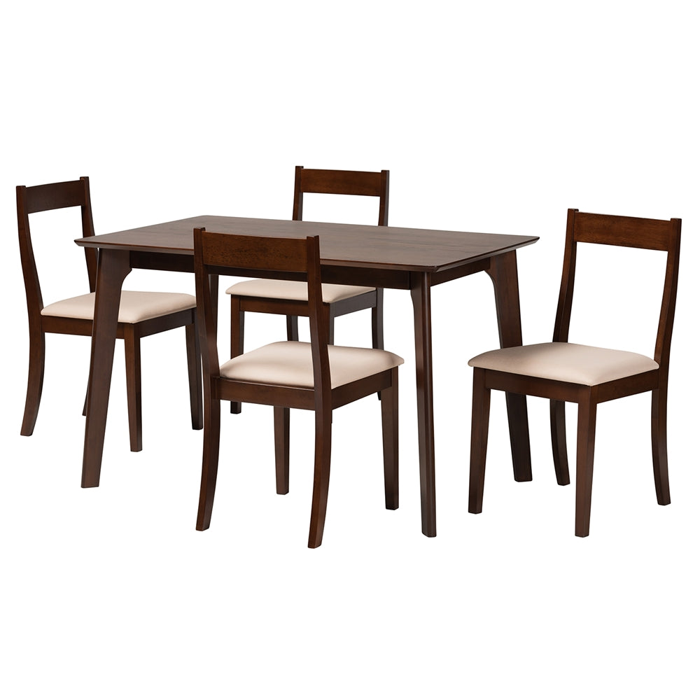 Baxton Studio Carola Mid-Century Modern Cream Fabric And Dark Brown Finished Wood 5-Piece Dining Set