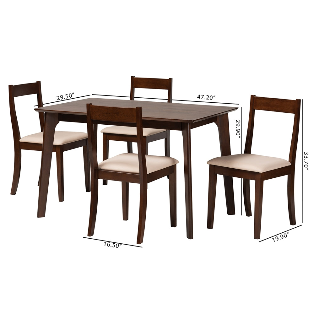 Baxton Studio Carola Mid-Century Modern Cream Fabric And Dark Brown Finished Wood 5-Piece Dining Set