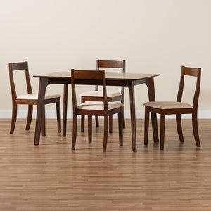 Baxton Studio Carola Mid-Century Modern Cream Fabric And Dark Brown Finished Wood 5-Piece Dining Set