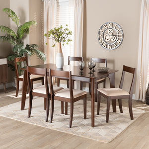 Baxton Studio Carola Mid-Century Modern Cream Fabric And Dark Brown Finished Wood 7-Piece Dining Set