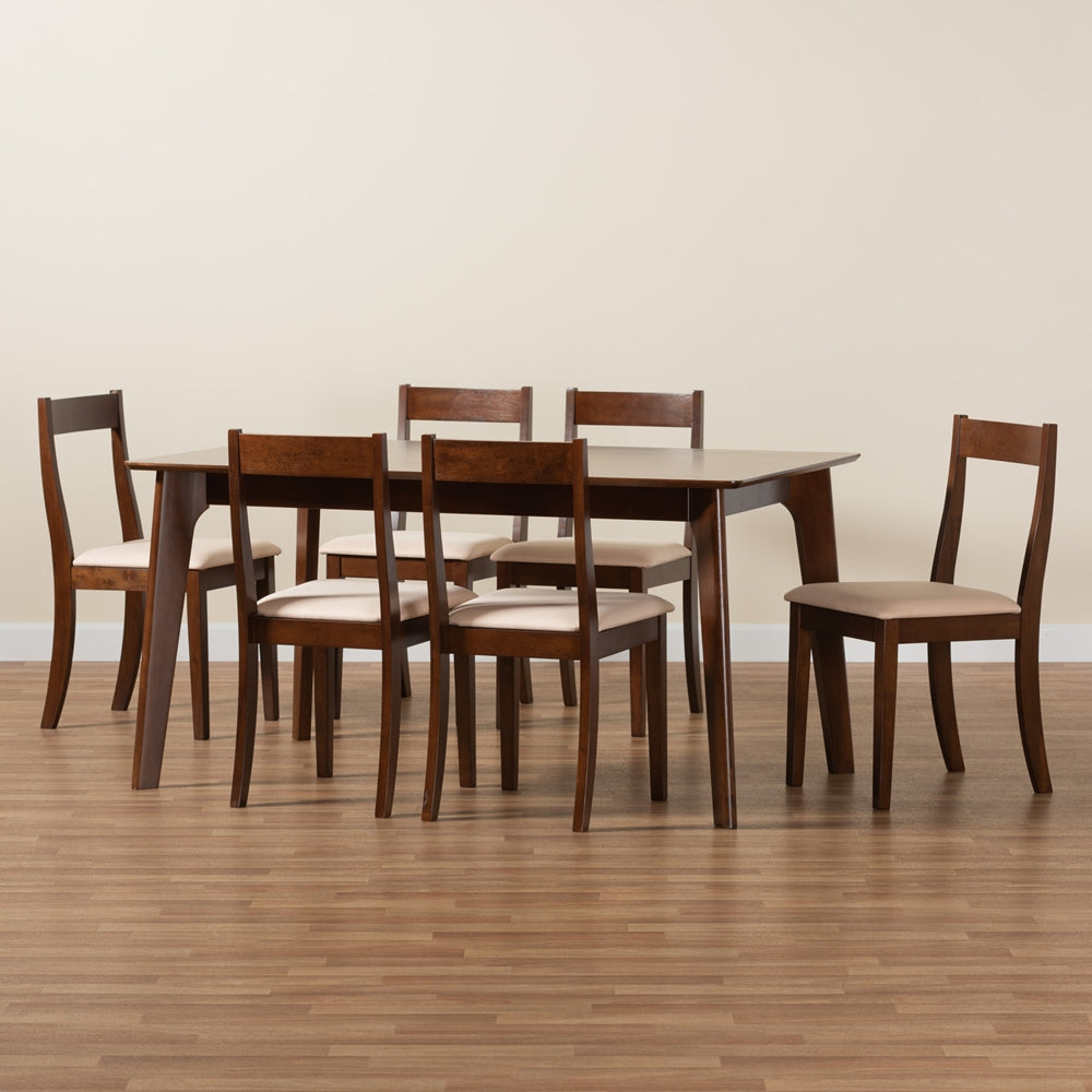 Baxton Studio Carola Mid-Century Modern Cream Fabric And Dark Brown Finished Wood 7-Piece Dining Set