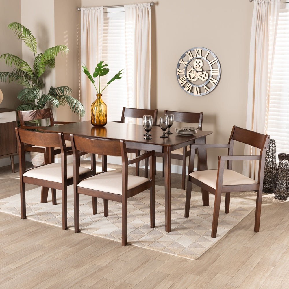 Baxton Studio Helene Mid-Century Modern Cream Fabric And Dark Brown Finished Wood 7-Piece Dining Set