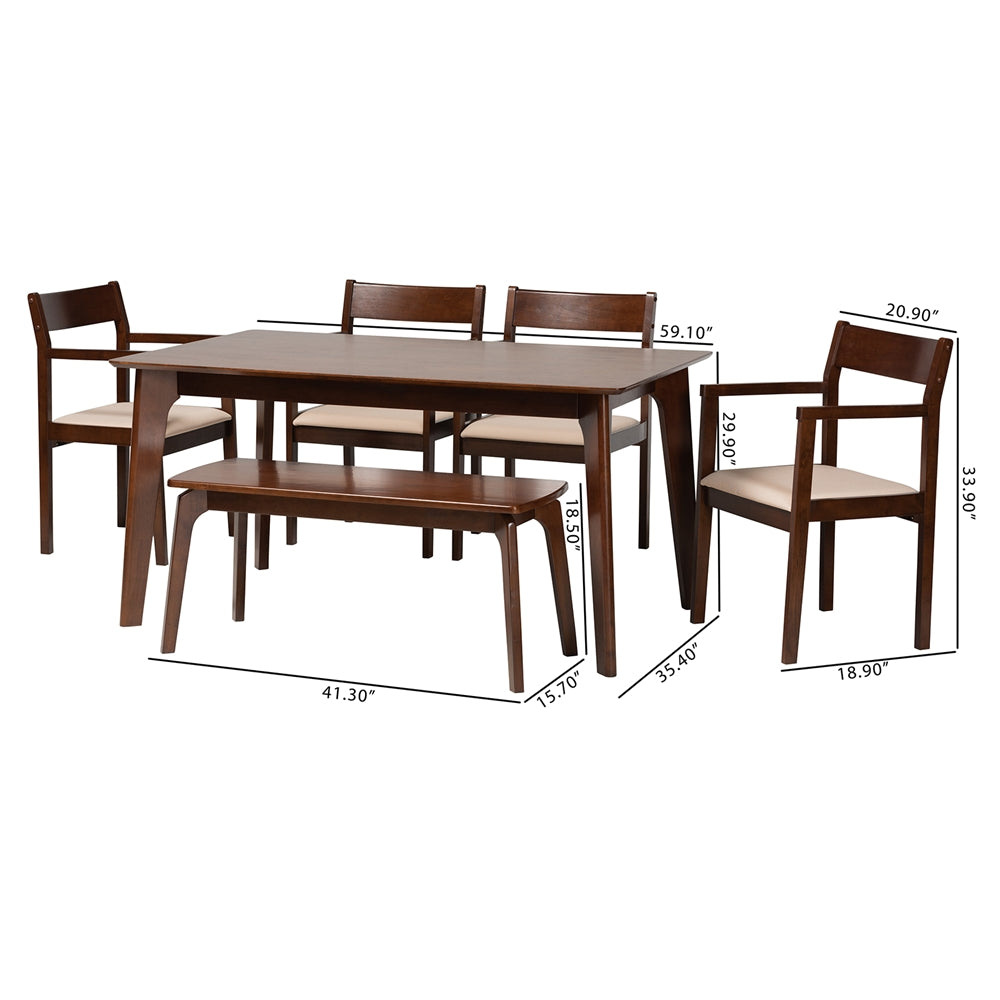 Baxton Studio Helene Mid-Century Modern Cream Fabric And Dark Brown Finished Wood 6-Piece Dining Set