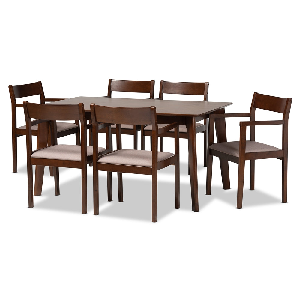 Baxton Studio Helene Mid-Century Modern Warm Grey Fabric And Dark Brown Finished Wood 7-Piece Dining Set