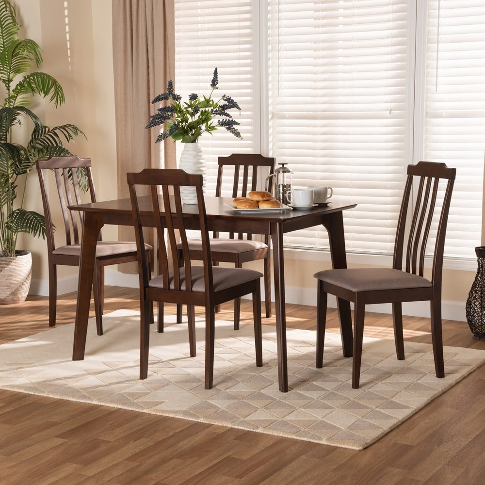 Baxton Studio Clarissa Mid-Century Modern Warm Grey Fabric And Dark Brown Finished Wood 5-Piece Dining Set