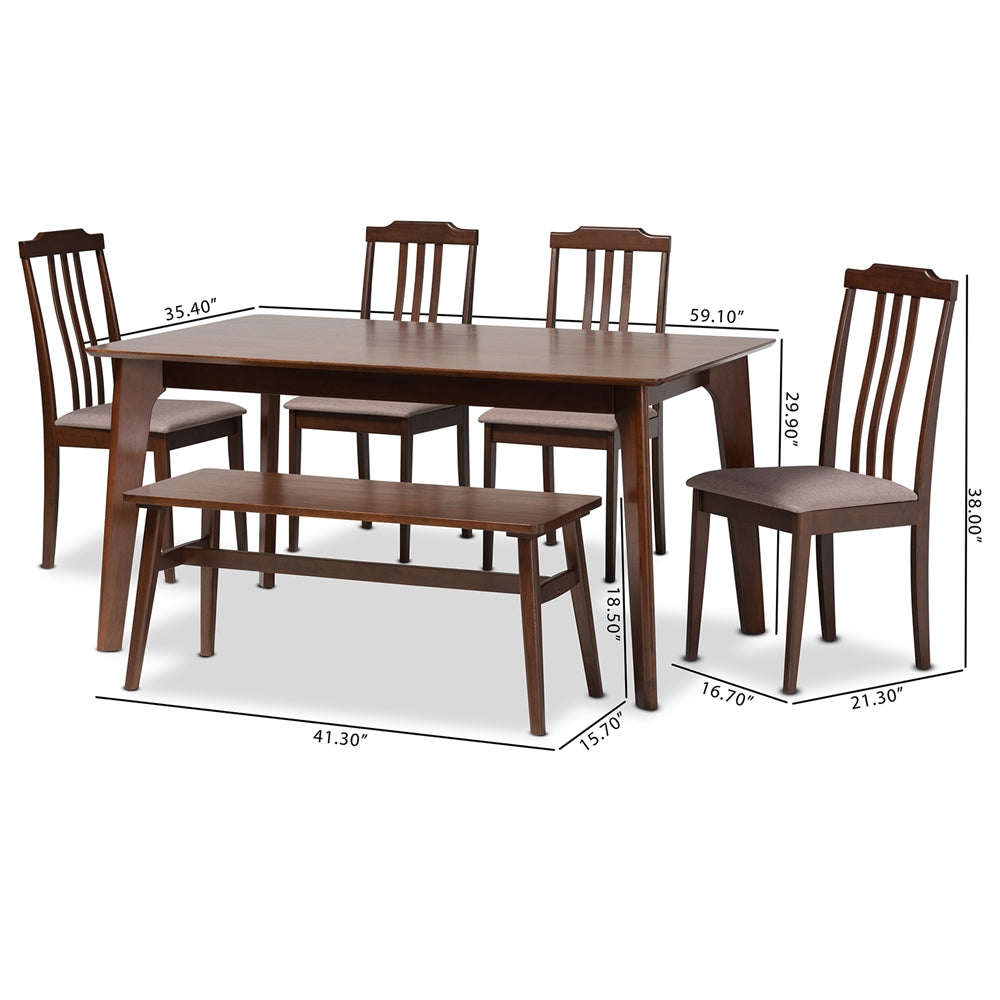 Baxton Studio Clarissa Mid-Century Modern Warm Grey Fabric And Dark Brown Finished Wood 6-Piece Dining Set