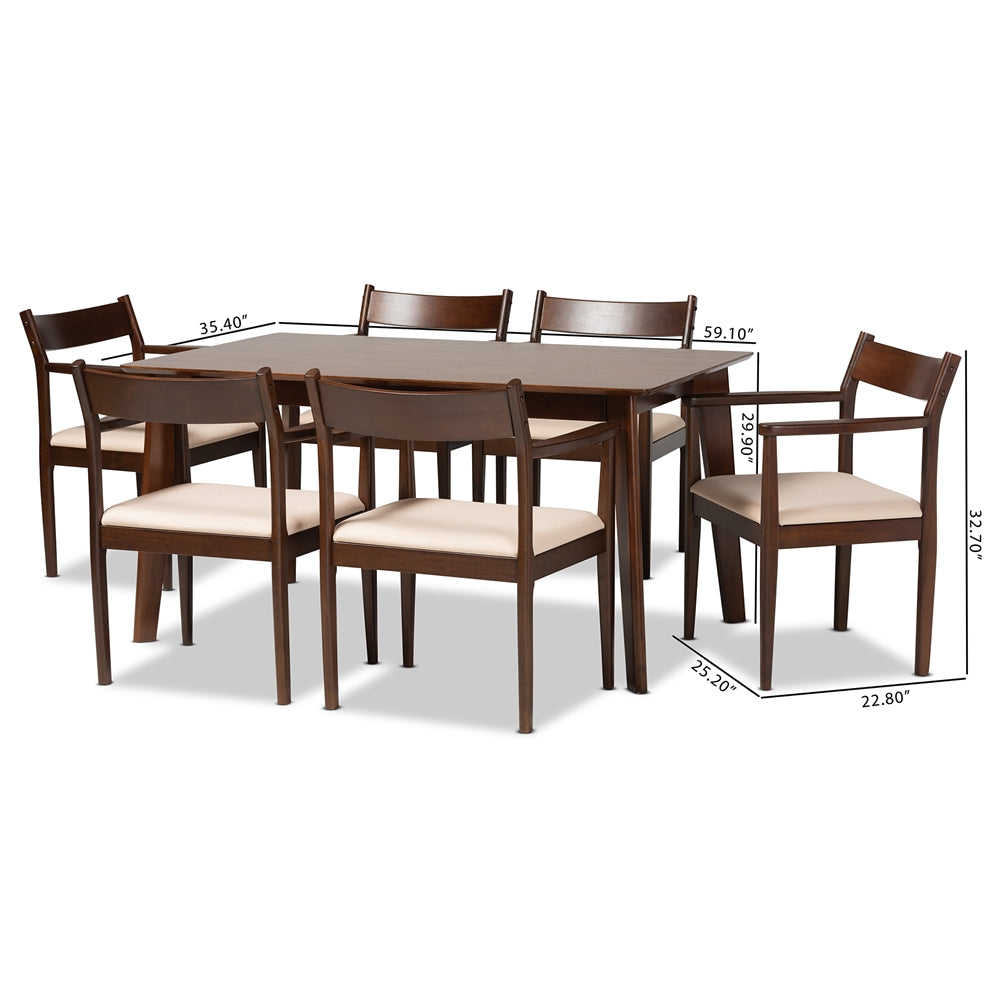 Baxton Studio Coretta Mid-Century Modern Cream Fabric And Dark Brown Finished Wood 7-Piece Dining Set