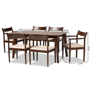 Baxton Studio Coretta Mid-Century Modern Cream Fabric And Dark Brown Finished Wood 7-Piece Dining Set