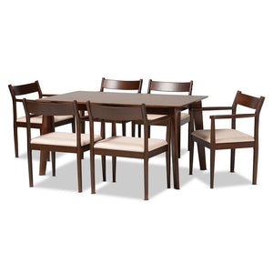 Baxton Studio Coretta Mid-Century Modern Cream Fabric And Dark Brown Finished Wood 7-Piece Dining Set