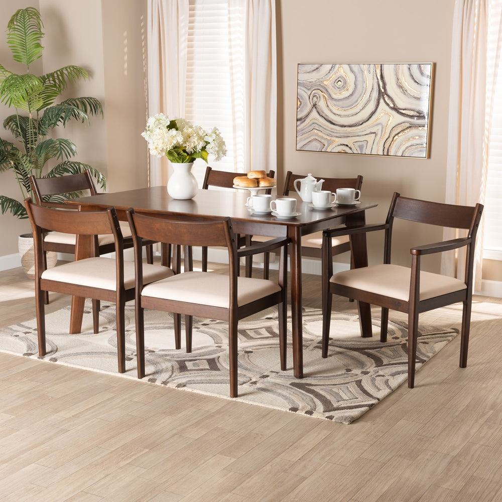 Baxton Studio Coretta Mid-Century Modern Cream Fabric And Dark Brown Finished Wood 7-Piece Dining Set