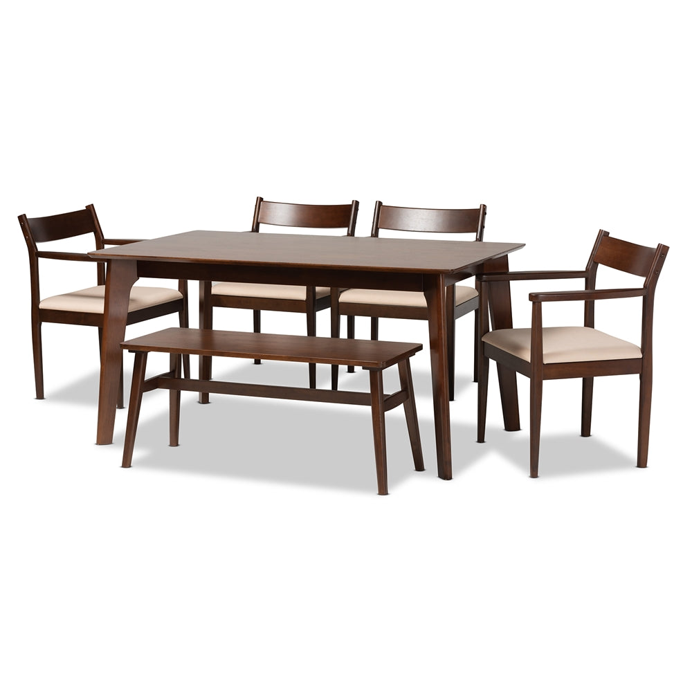 Baxton Studio Coretta Mid-Century Modern Cream Fabric And Dark Brown Finished Wood 6-Piece Dining Set