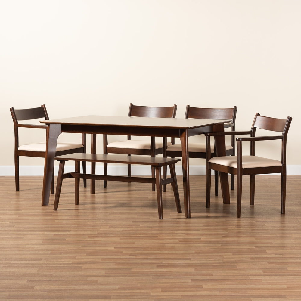 Baxton Studio Coretta Mid-Century Modern Cream Fabric And Dark Brown Finished Wood 6-Piece Dining Set