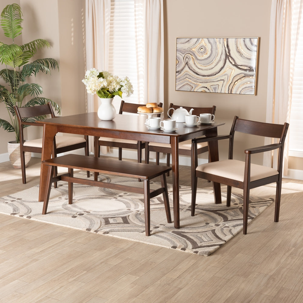 Baxton Studio Coretta Mid-Century Modern Cream Fabric And Dark Brown Finished Wood 6-Piece Dining Set