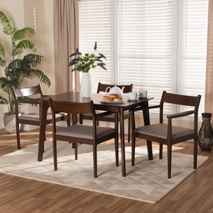 Baxton Studio Coretta Mid-Century Modern Warm Grey Fabric And Dark Brown Finished Wood 5-Piece Dining Set