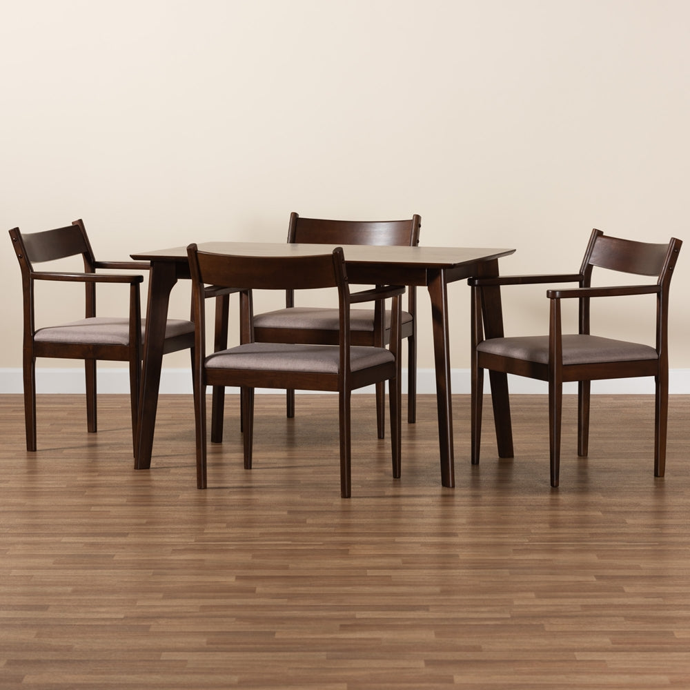 Baxton Studio Coretta Mid-Century Modern Warm Grey Fabric And Dark Brown Finished Wood 5-Piece Dining Set