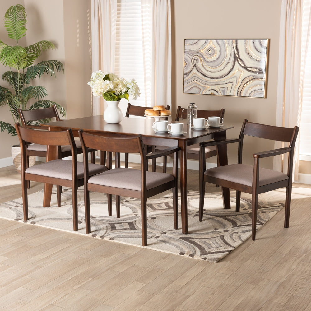 Baxton Studio Coretta Mid-Century Modern Warm Grey Fabric And Dark Brown Finished Wood 7-Piece Dining Set