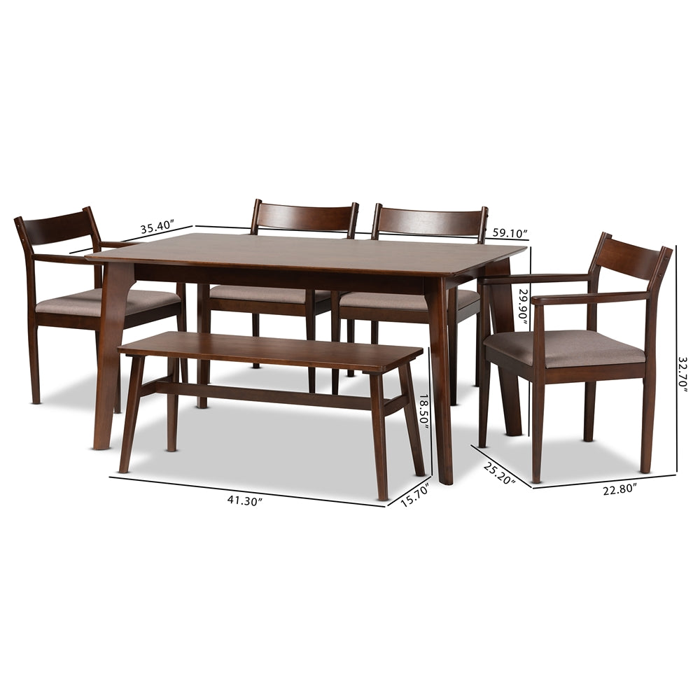 Baxton Studio Coretta Mid-Century Modern Warm Grey Fabric And Dark Brown Finished Wood 6-Piece Dining Set