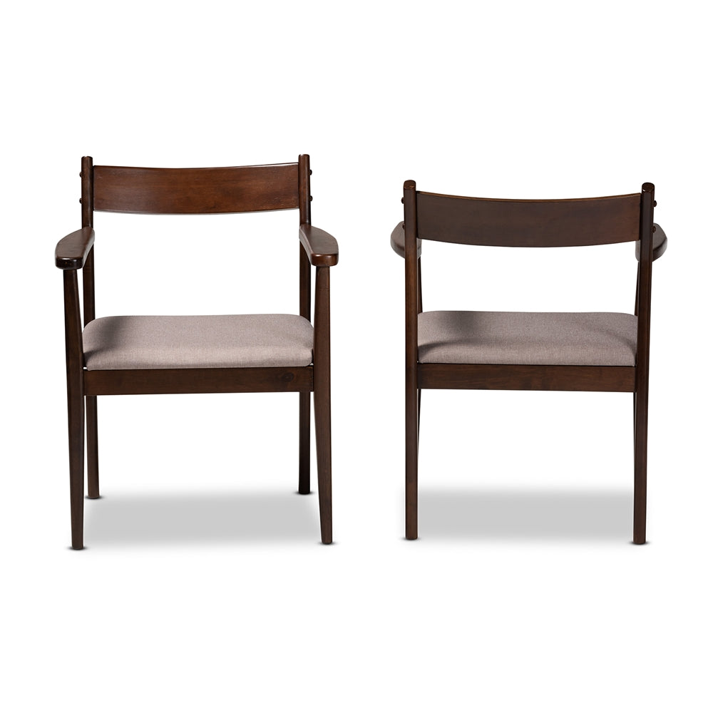 Baxton Studio Coretta Mid-Century Modern Warm Grey Fabric And Dark Brown Finished Wood 2-Piece Dining Chair Set