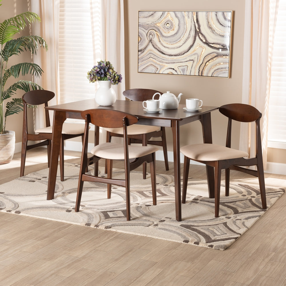 Baxton Studio Daria Mid-Century Modern Cream Fabric And Dark Brown Finished Wood 5-Piece Dining Set