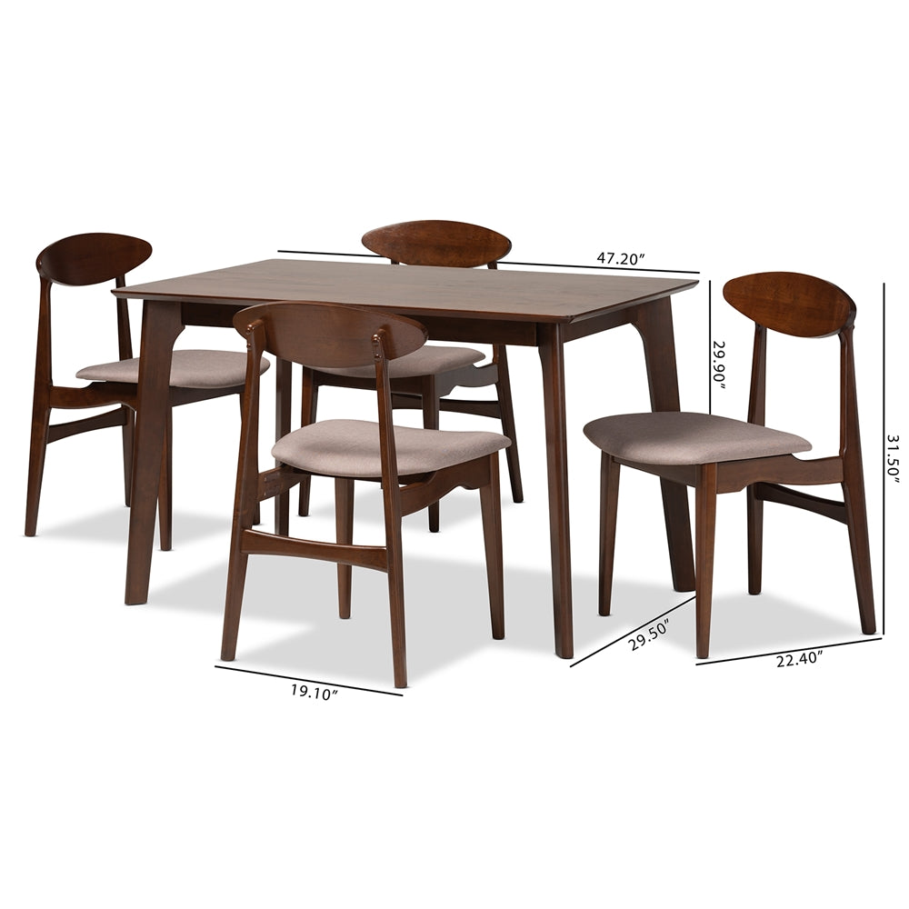 Baxton Studio Daria Mid-Century Modern Warm Grey Fabric And Dark Brown Finished Wood 5-Piece Dining Set