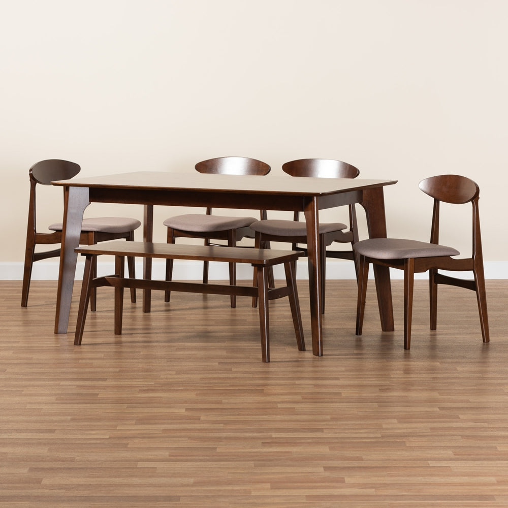 Baxton Studio Daria Mid-Century Modern Warm Grey Fabric And Dark Brown Finished Wood 6-Piece Dining Set